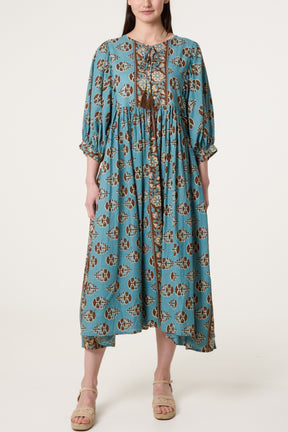 Puff Sleeve V-Neck Patterned Dress