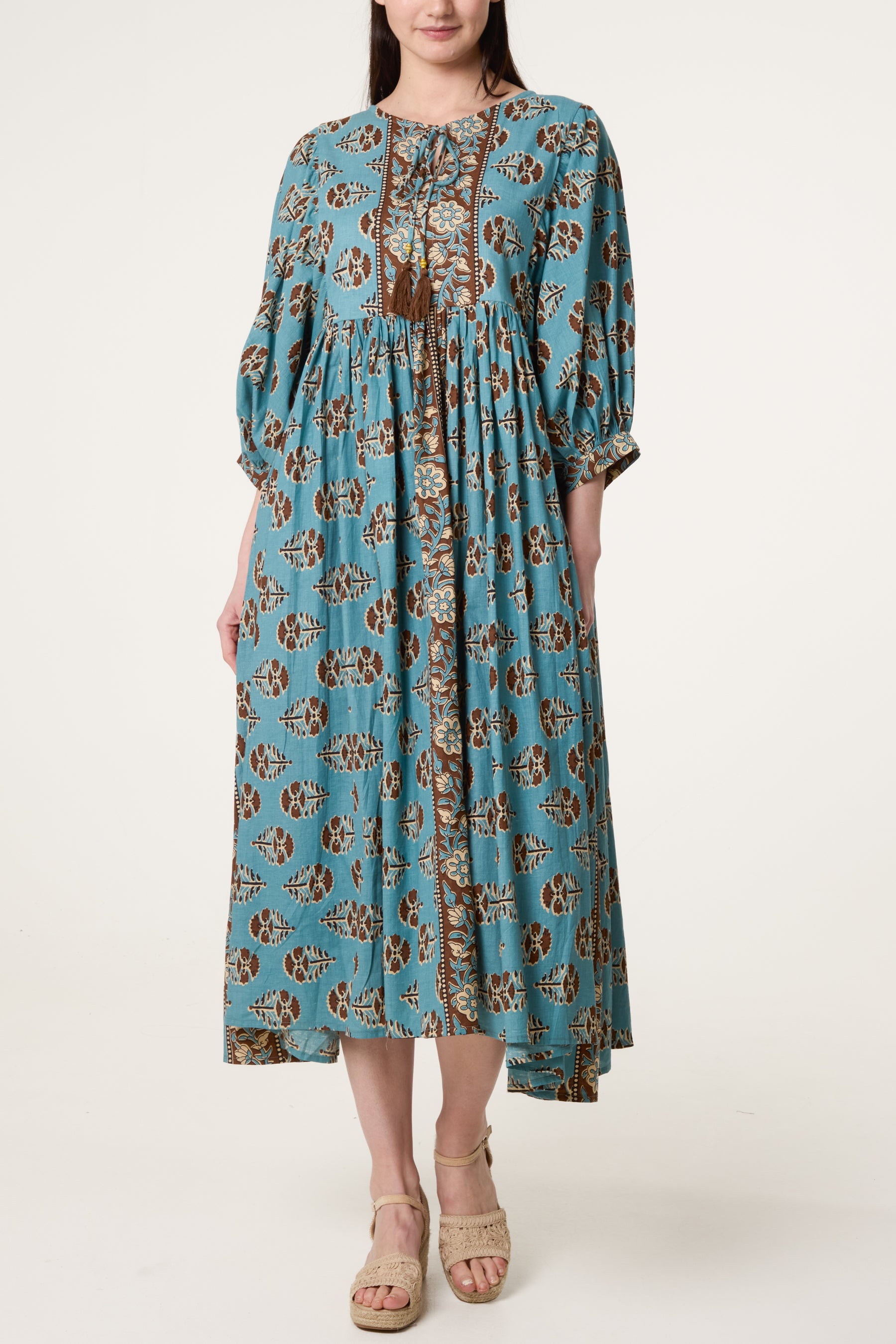 Puff Sleeve V-Neck Patterned Dress