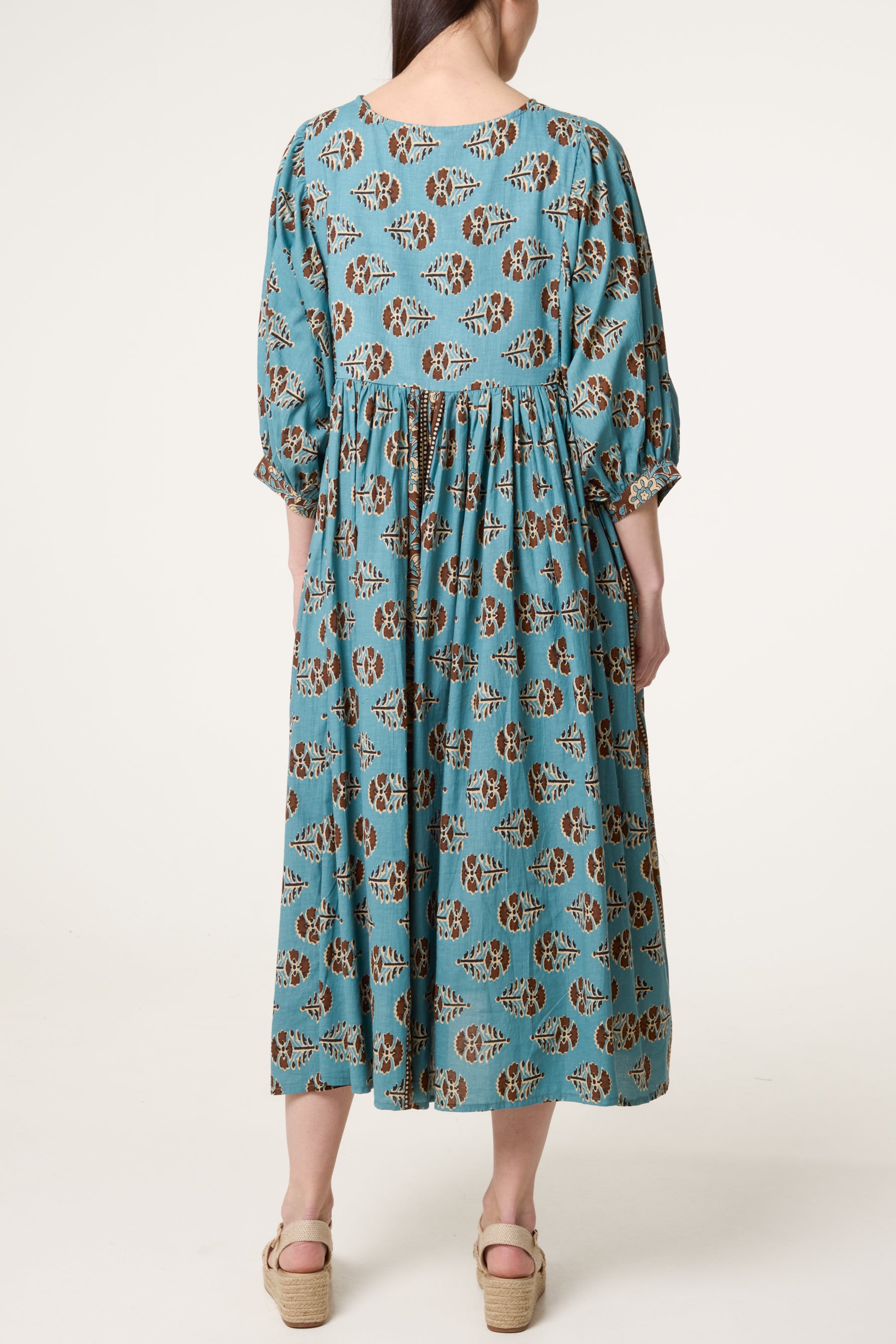 Puff Sleeve V-Neck Patterned Dress