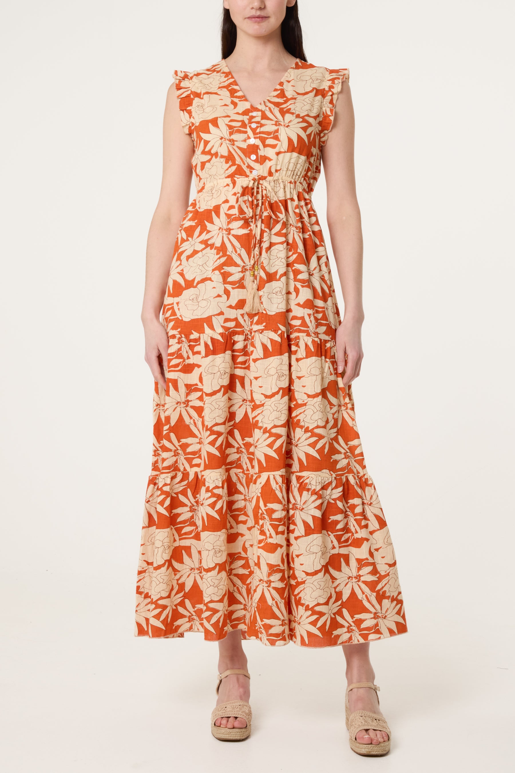 Frill Sleeve Floral Midi Dress