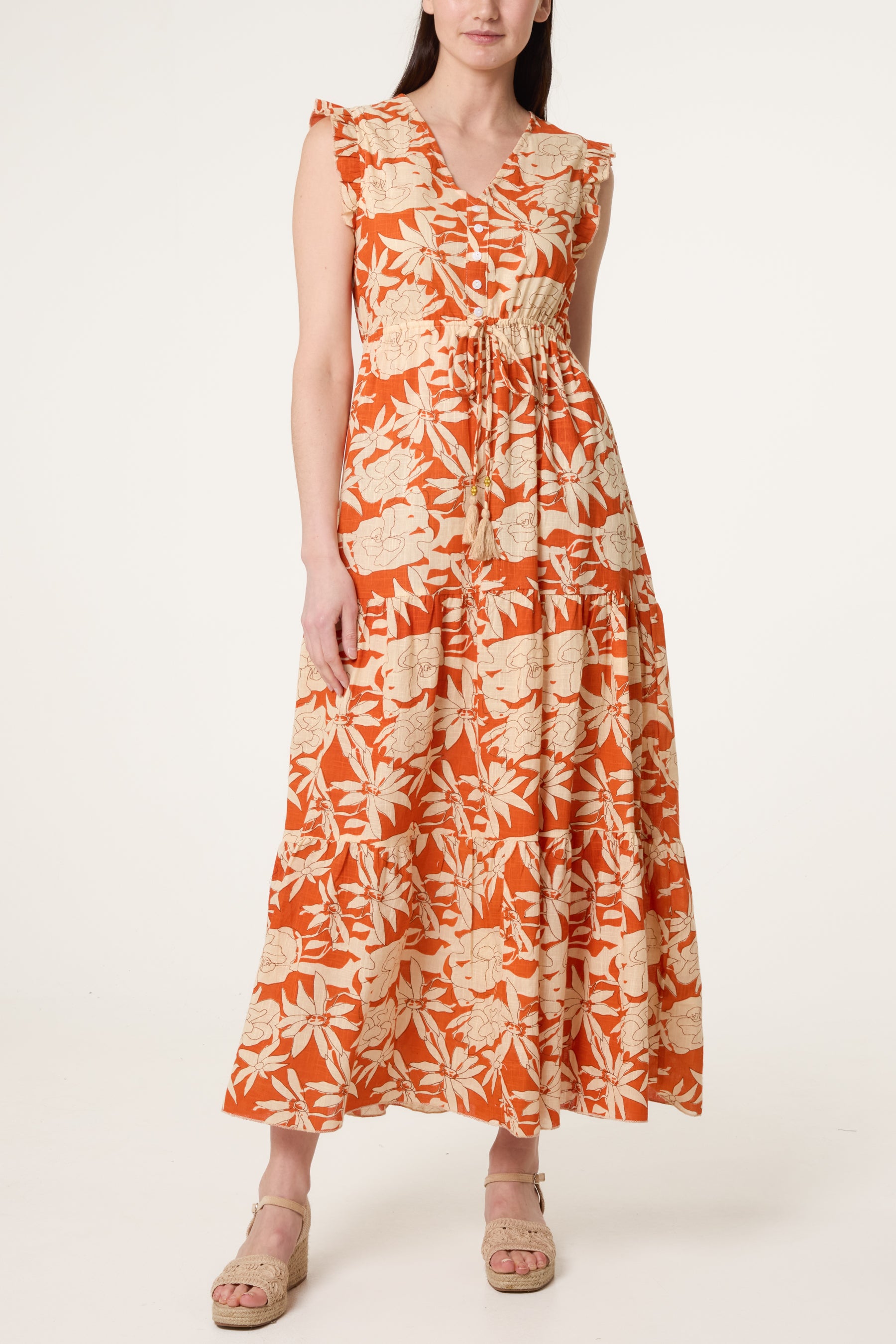Frill Sleeve Floral Midi Dress