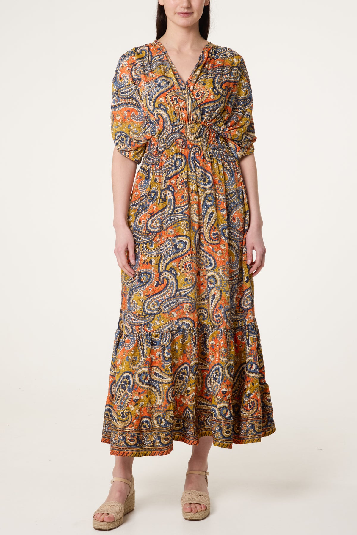 Shirred Sleeve Britght Paisley Dress