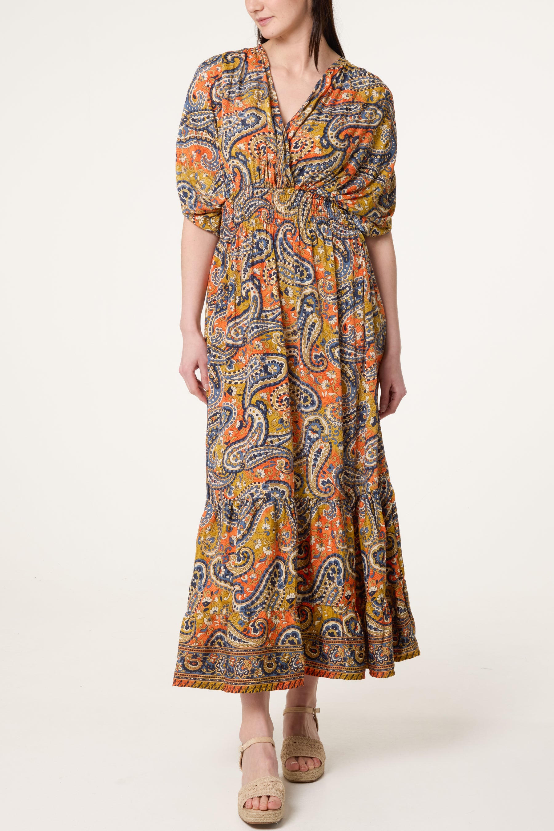 Shirred Sleeve Britght Paisley Dress