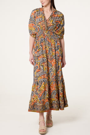 Shirred Sleeve Britght Paisley Dress