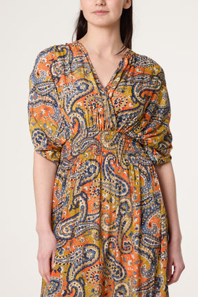 Shirred Sleeve Britght Paisley Dress