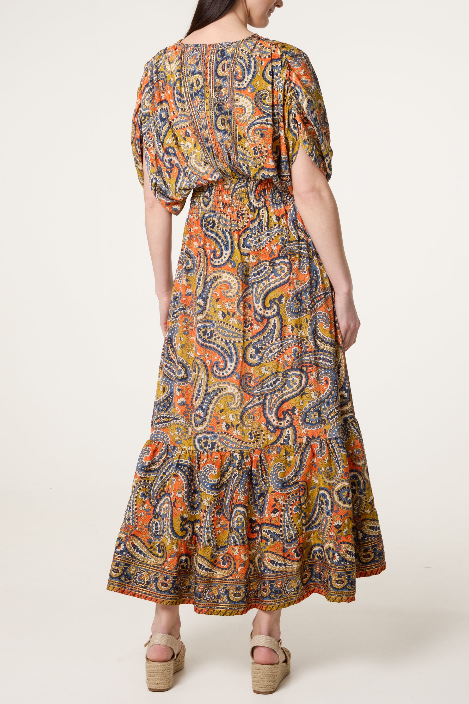 Shirred Sleeve Britght Paisley Dress