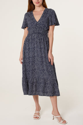 Ditsy Flutter Sleeve Stretch Crepe Dress