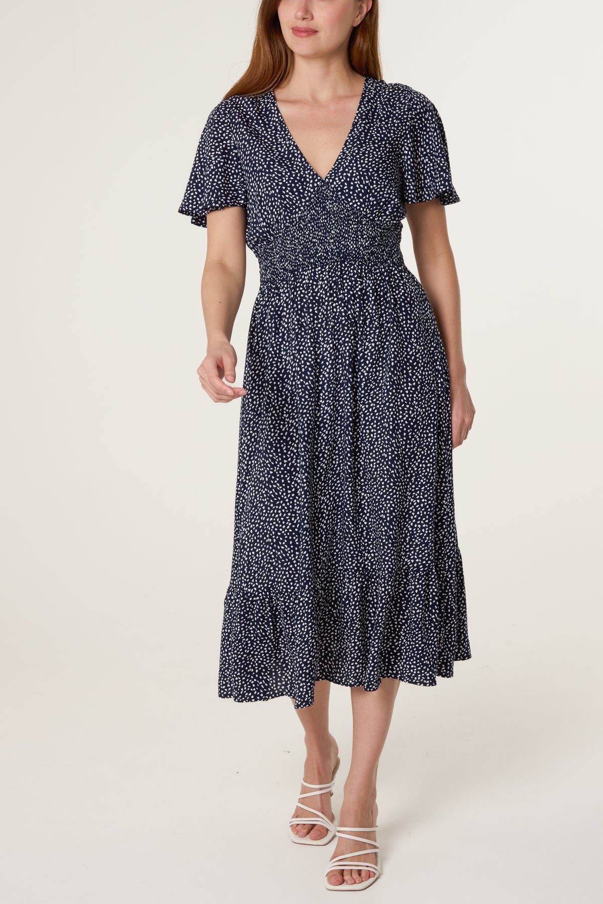 Ditsy Flutter Sleeve Stretch Crepe Dress