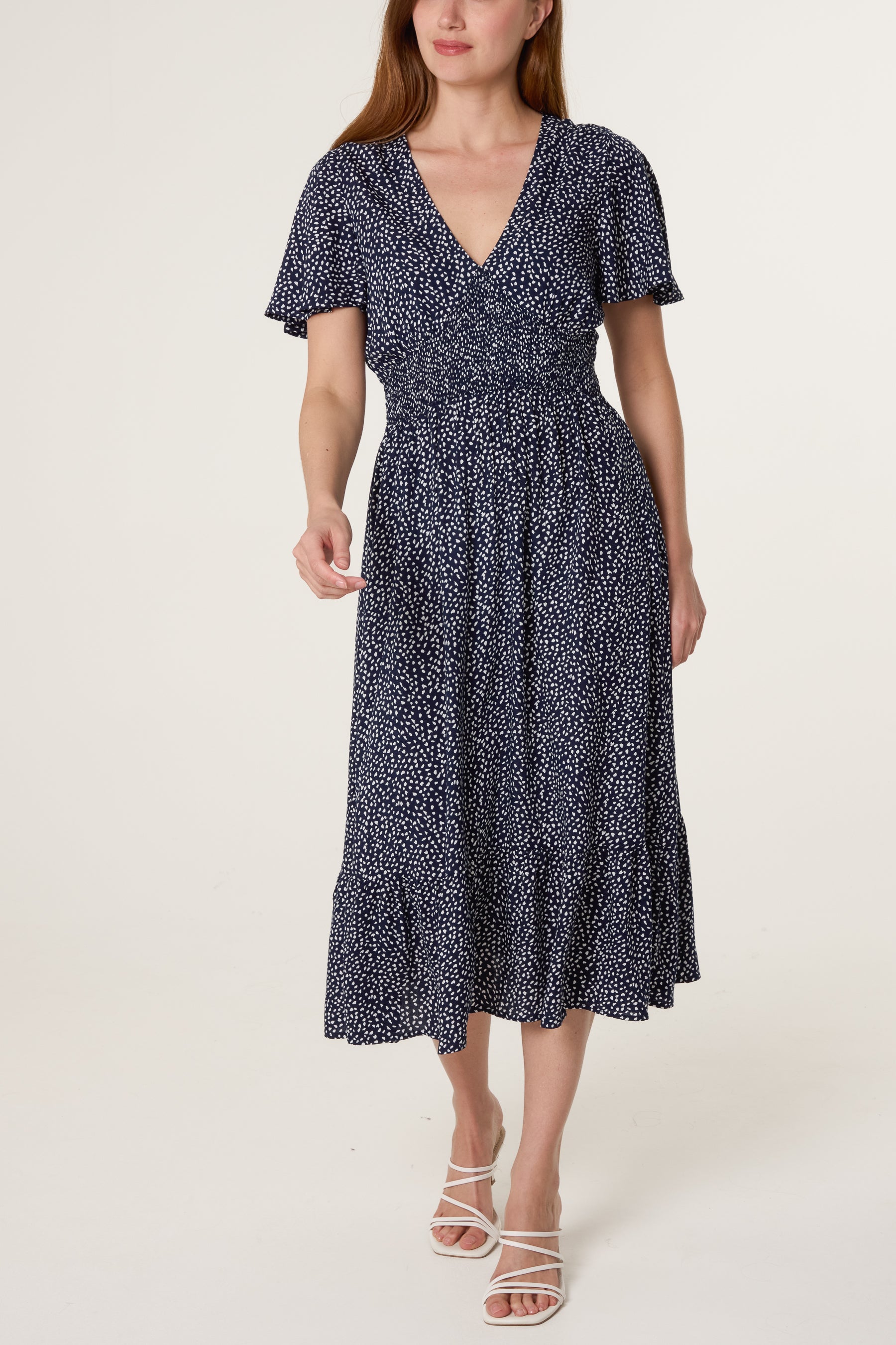 Ditsy Flutter Sleeve Stretch Crepe Dress