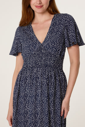 Ditsy Flutter Sleeve Stretch Crepe Dress