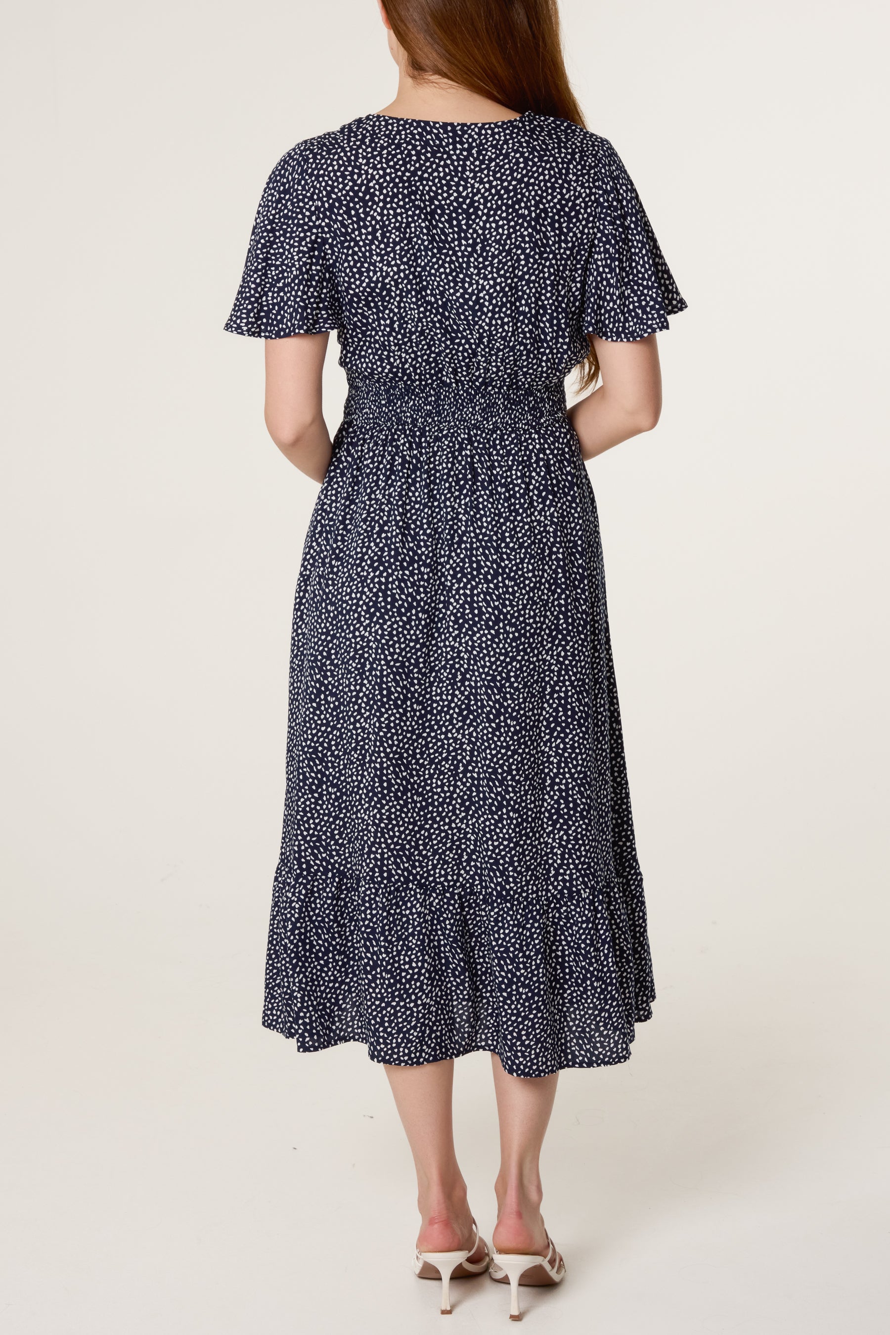 Ditsy Flutter Sleeve Stretch Crepe Dress