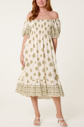 Leaf & Floral Embroidery Puff Sleeve Bardot Dress