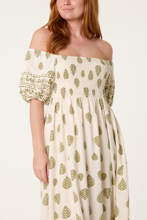 Leaf & Floral Embroidery Puff Sleeve Bardot Dress