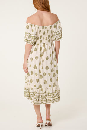 Leaf & Floral Embroidery Puff Sleeve Bardot Dress