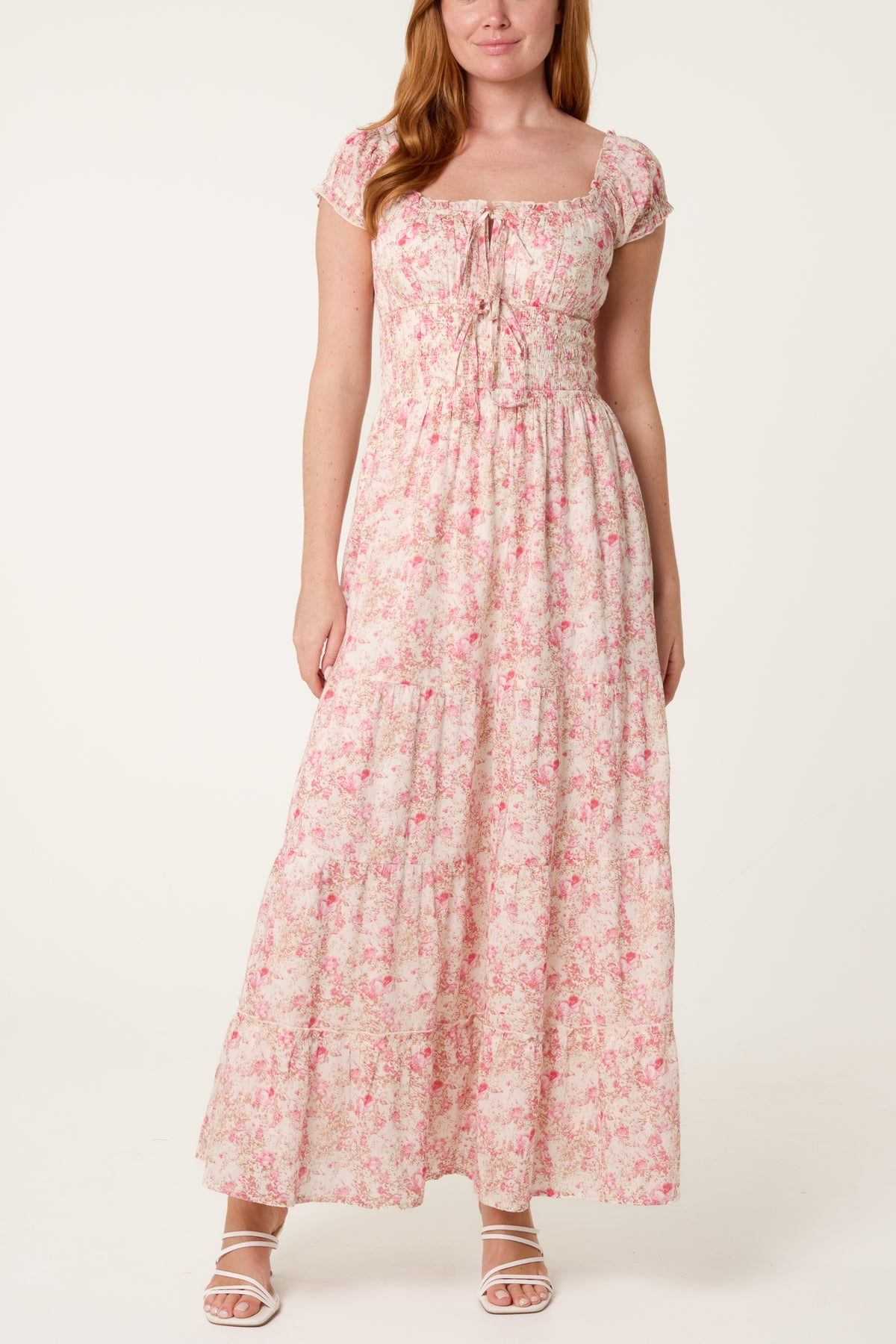 Double Front Tie Shirred Floral Dress