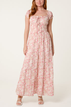 Double Front Tie Shirred Floral Dress