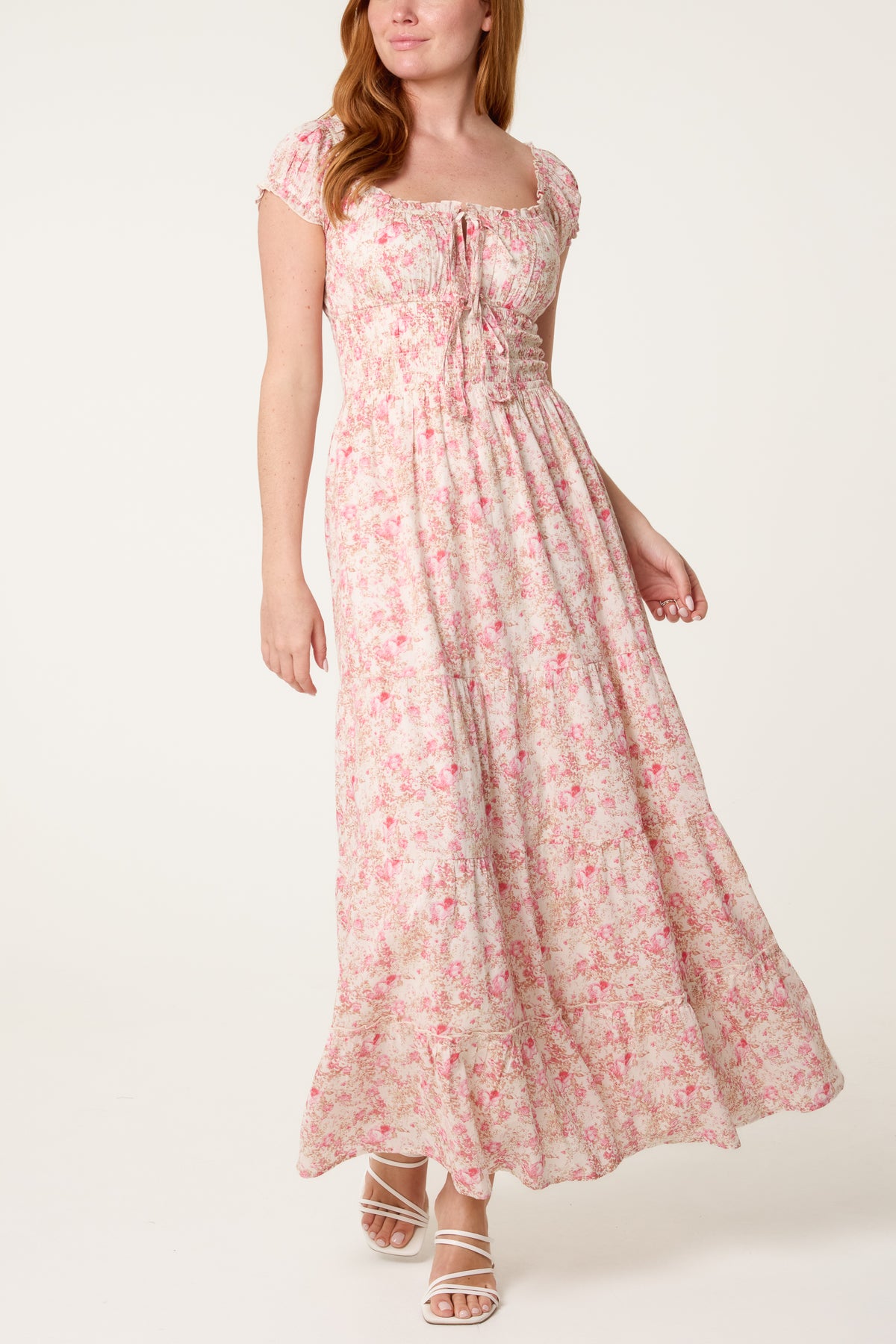 Double Front Tie Shirred Floral Dress