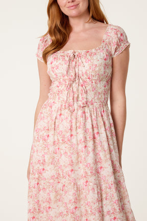 Double Front Tie Shirred Floral Dress