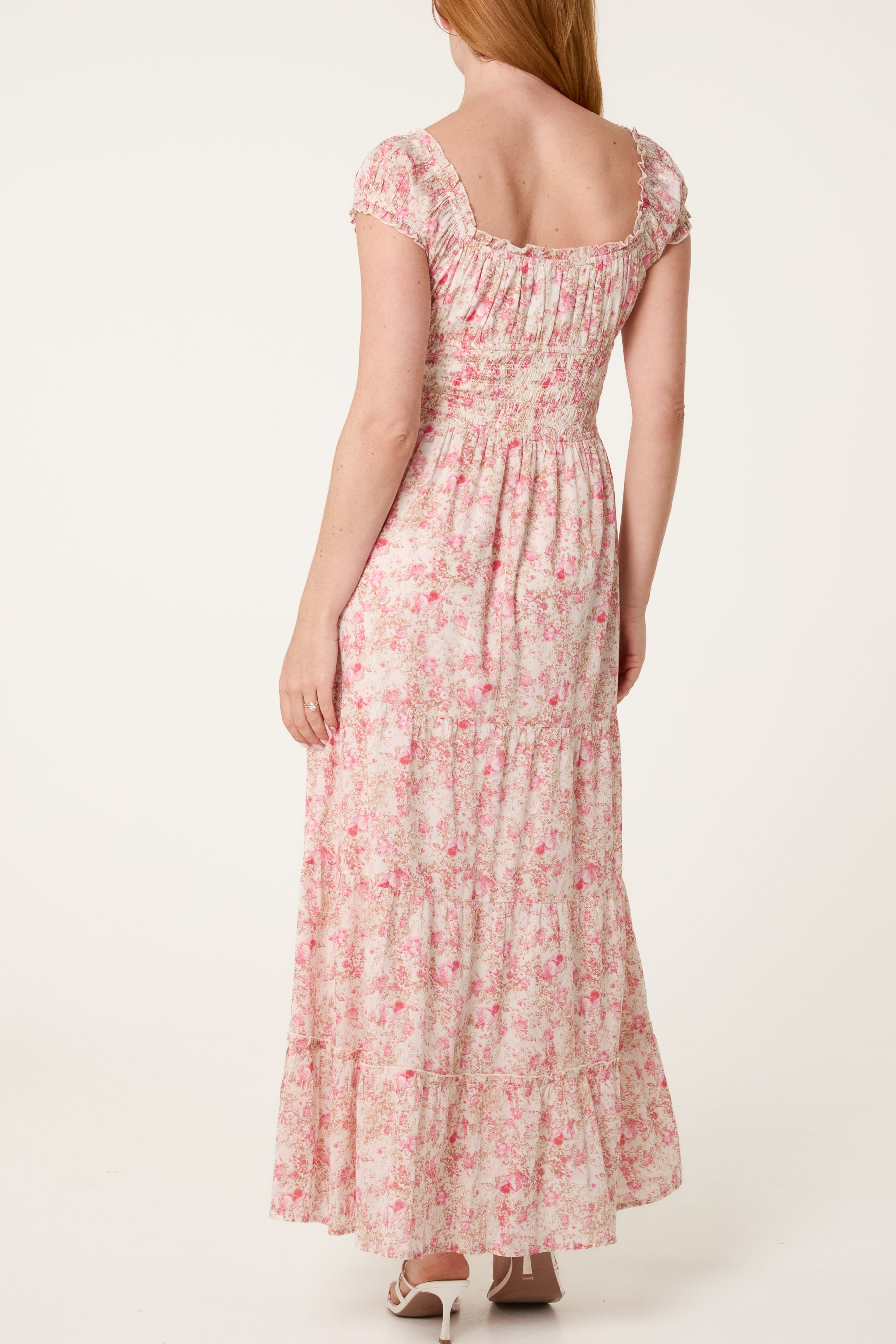 Double Front Tie Shirred Floral Dress