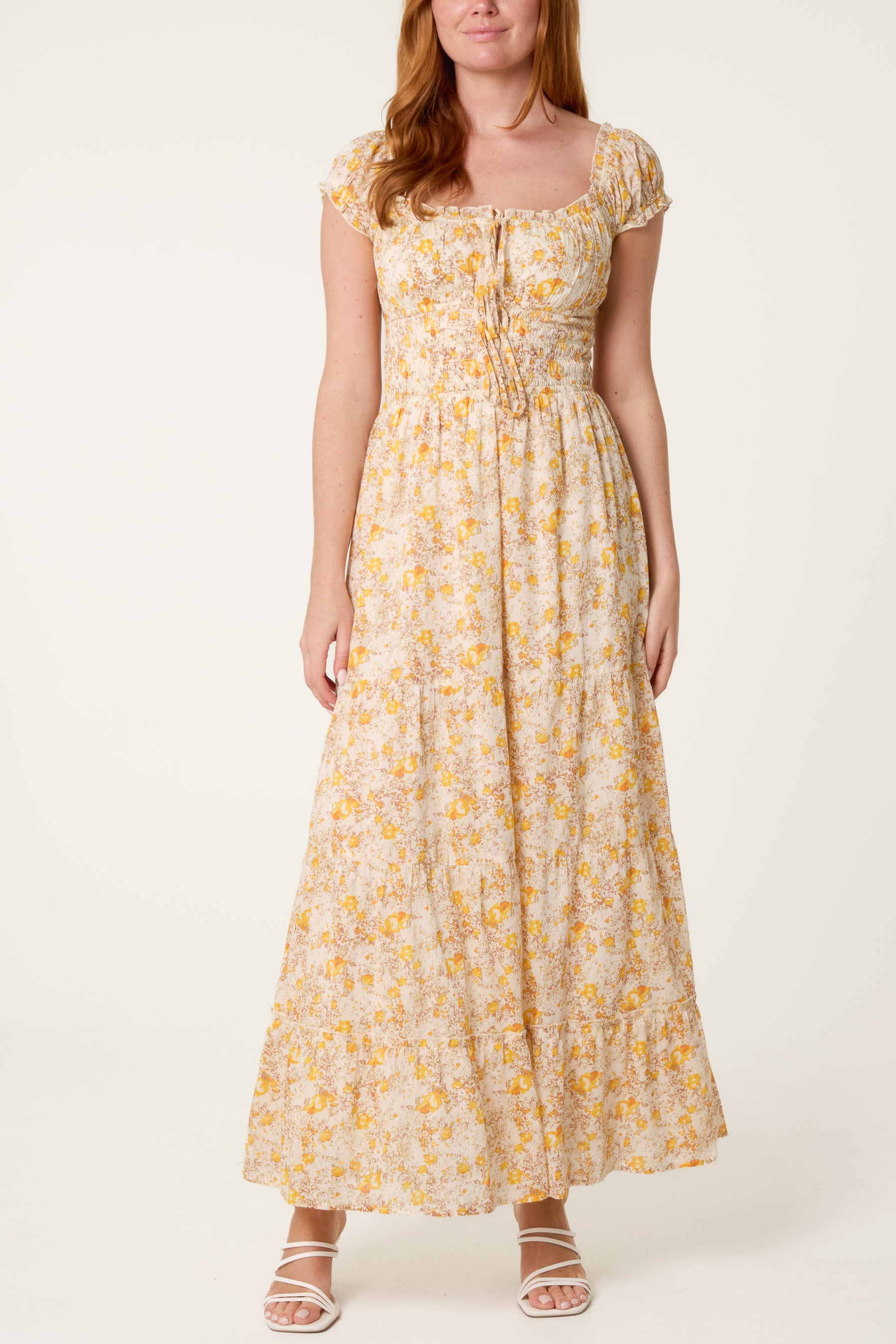 Double Front Tie Shirred Floral Dress