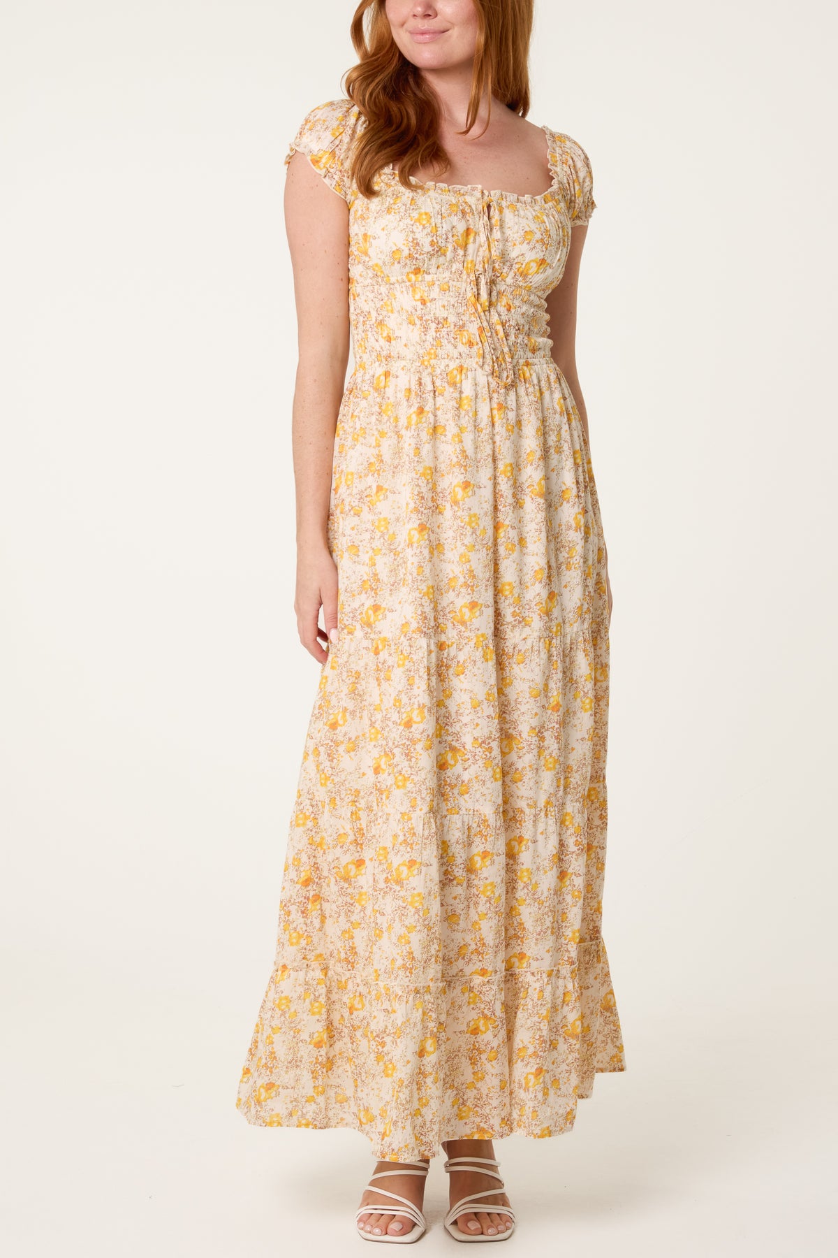 Double Front Tie Shirred Floral Dress