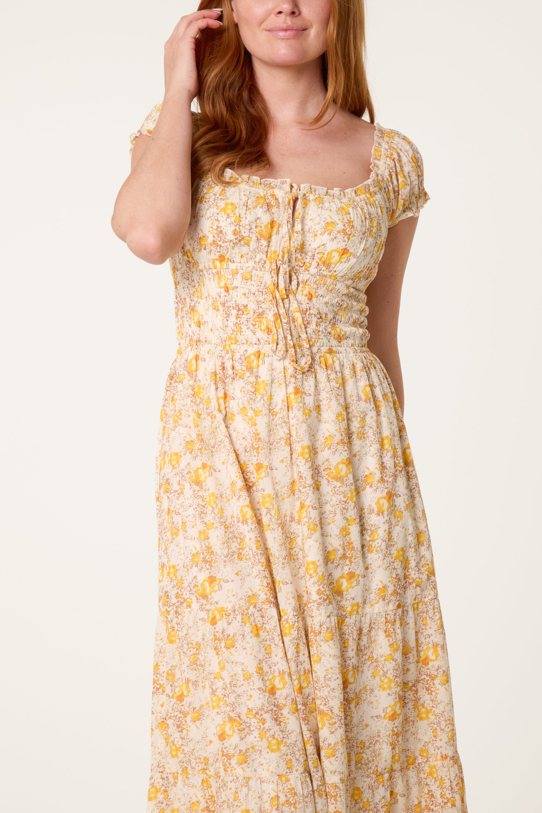 Double Front Tie Shirred Floral Dress