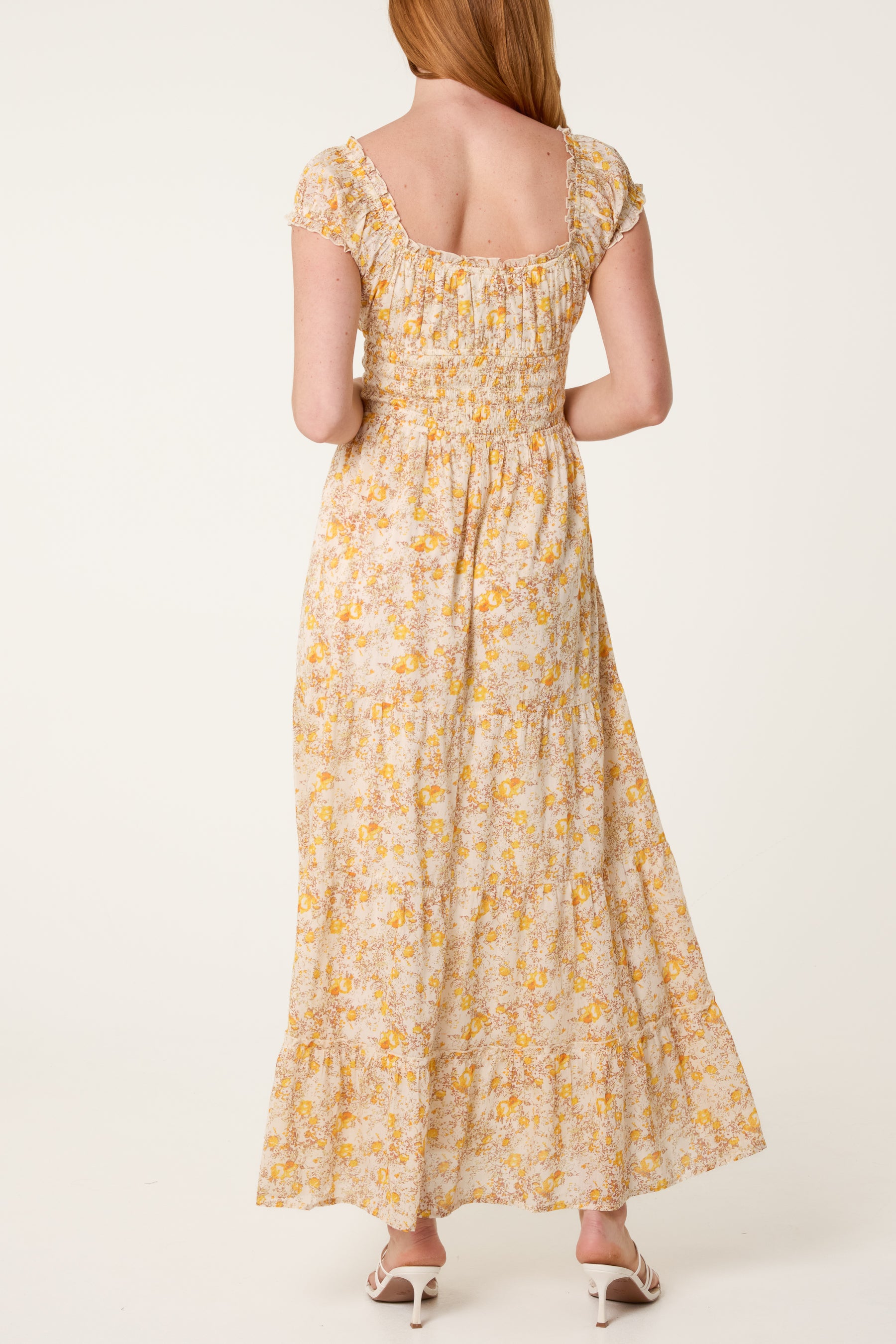 Double Front Tie Shirred Floral Dress