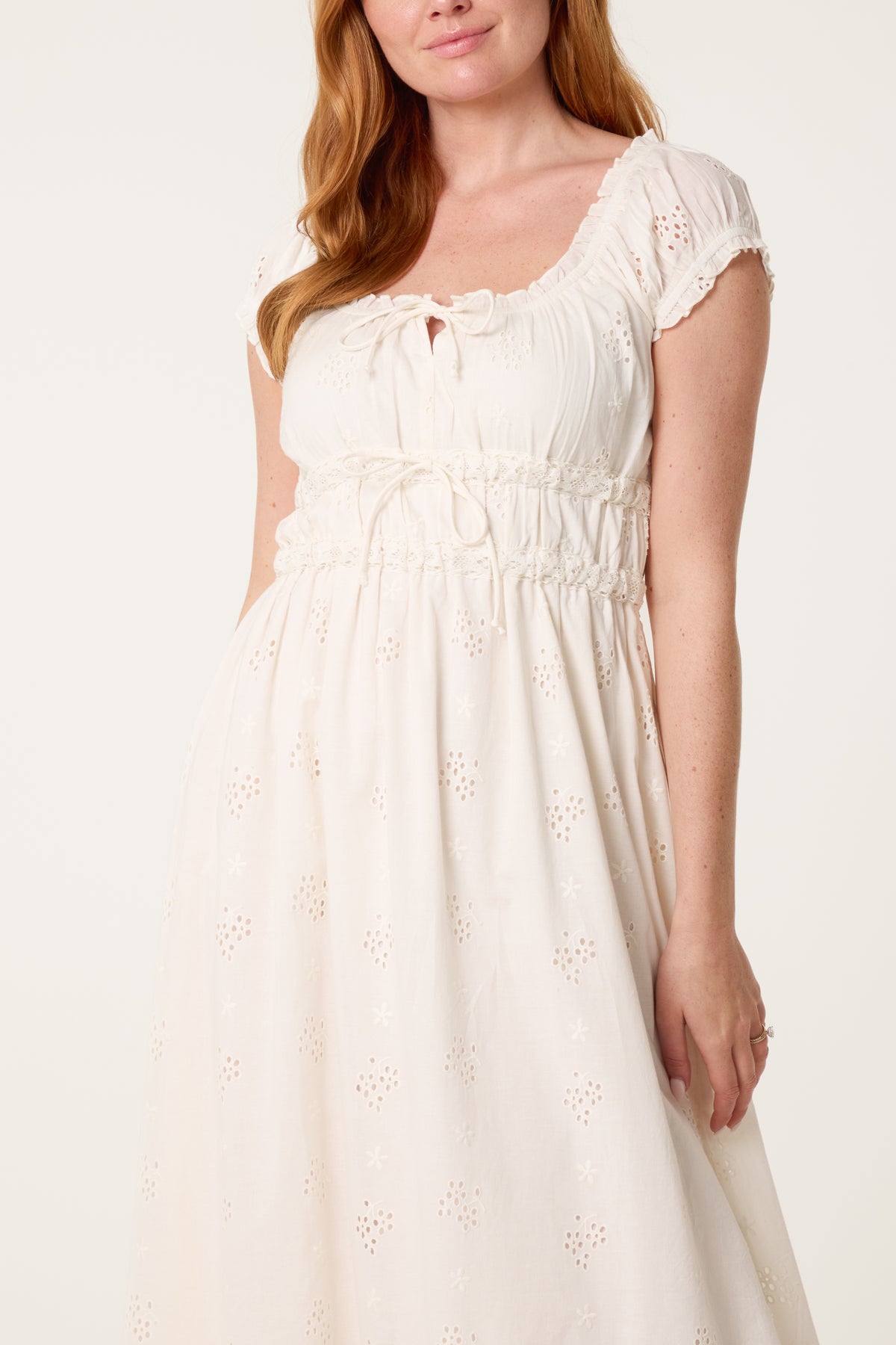 Broderie Front Tie Midi Dress