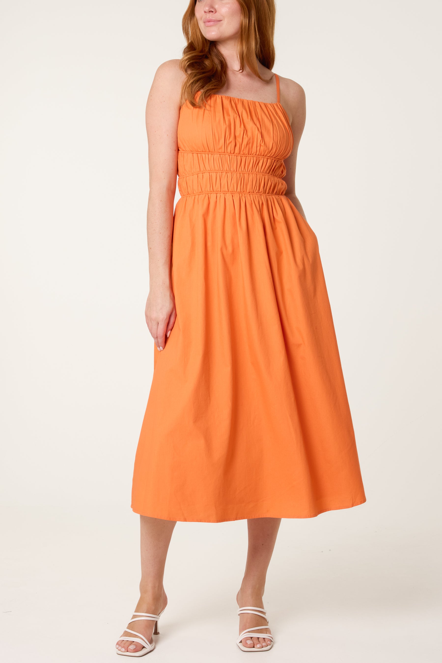 Ruched Strappy Midi Dress