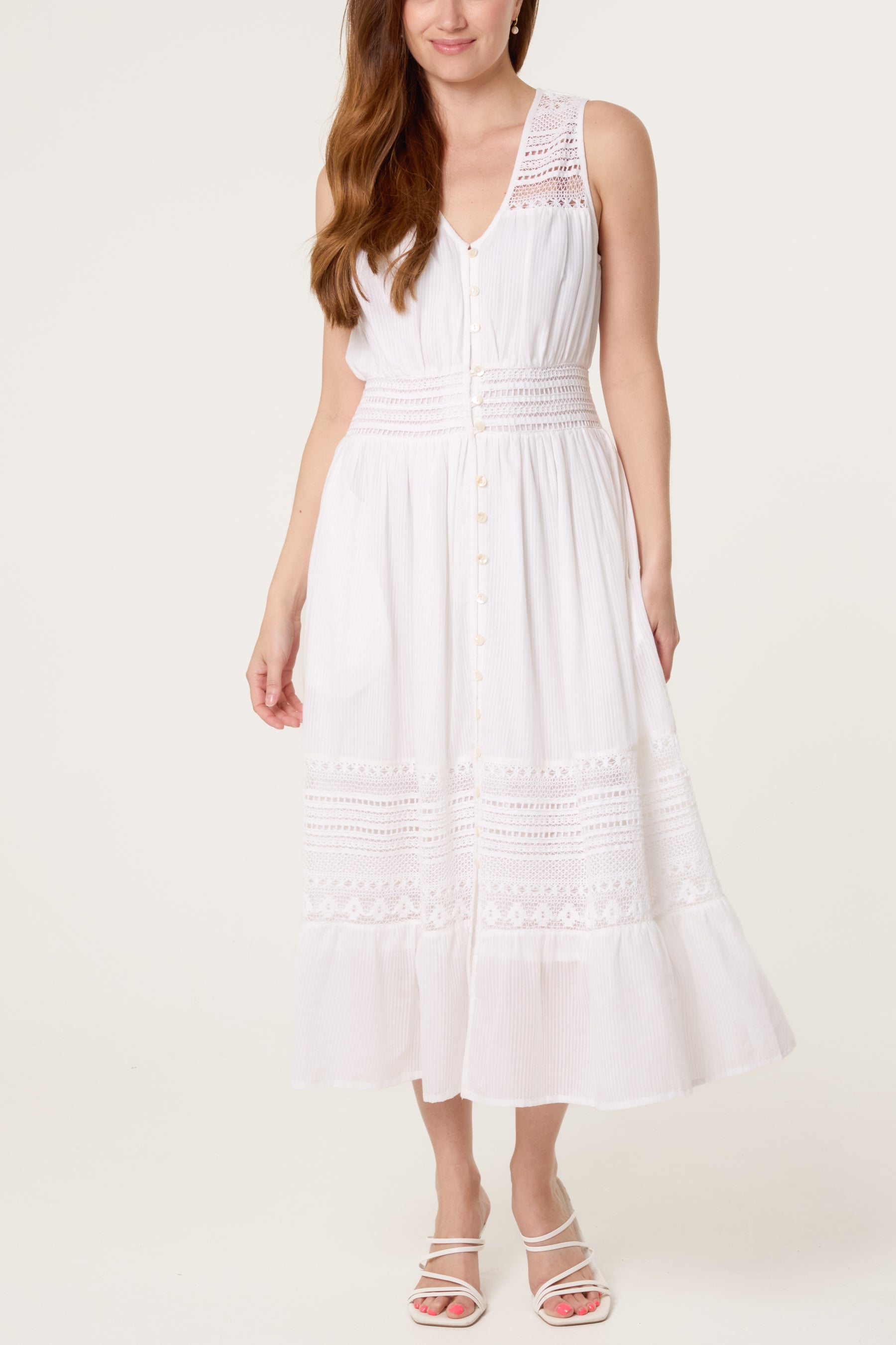 Button Through Crochet & Lace Insert Dress