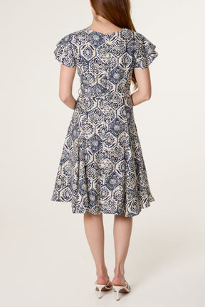Mosaic Print Tie Front Skater Dress
