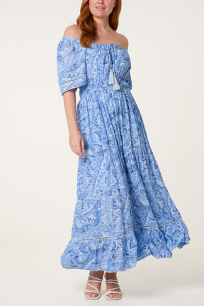 Ladder Trim Lined Viscose Bardot Dress