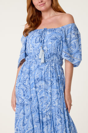Ladder Trim Lined Viscose Bardot Dress