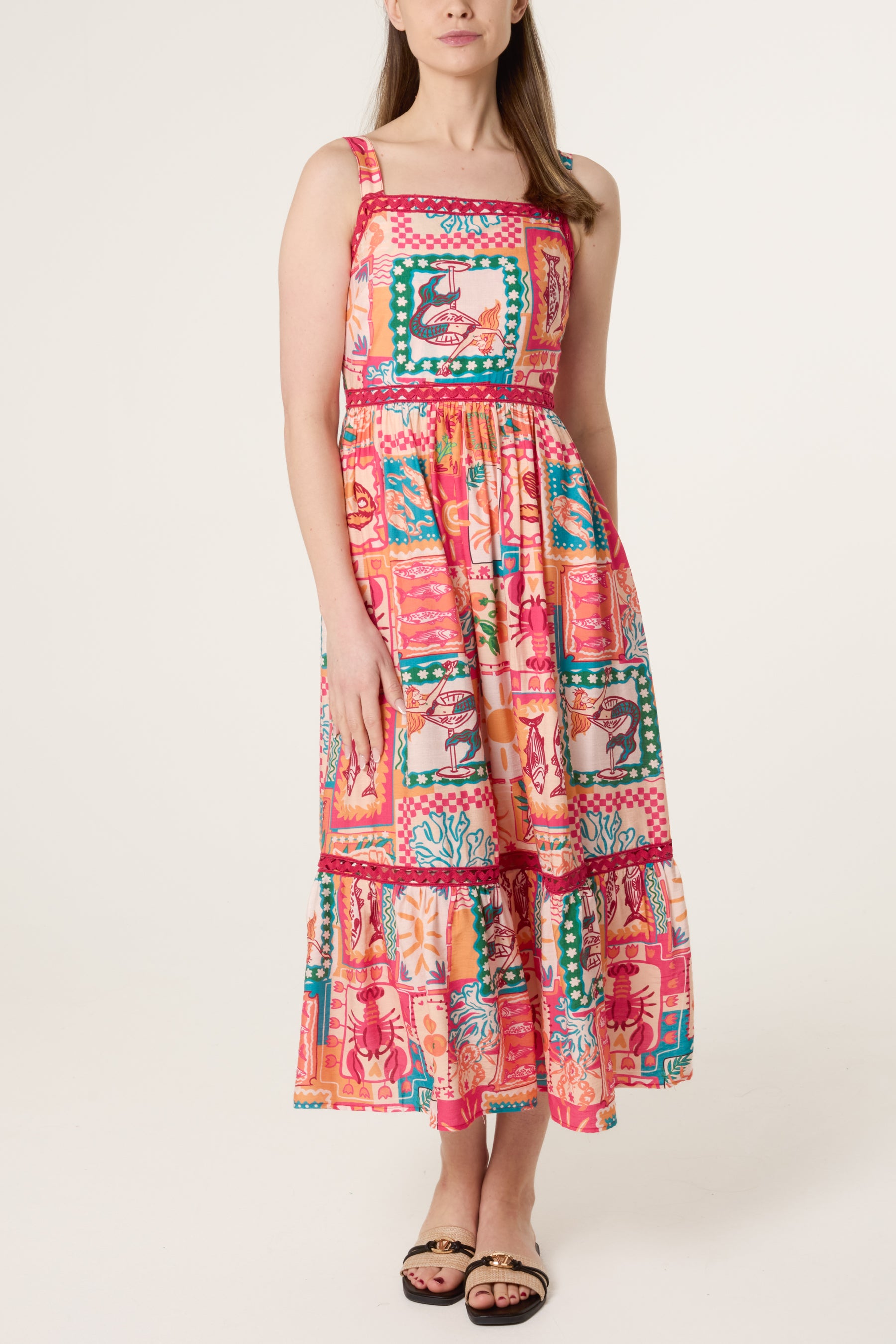 Colourful Patchwork Tiered Midi Dress