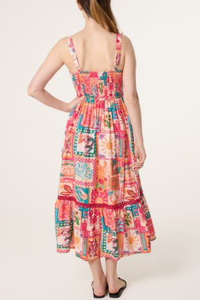 Colourful Patchwork Tiered Midi Dress