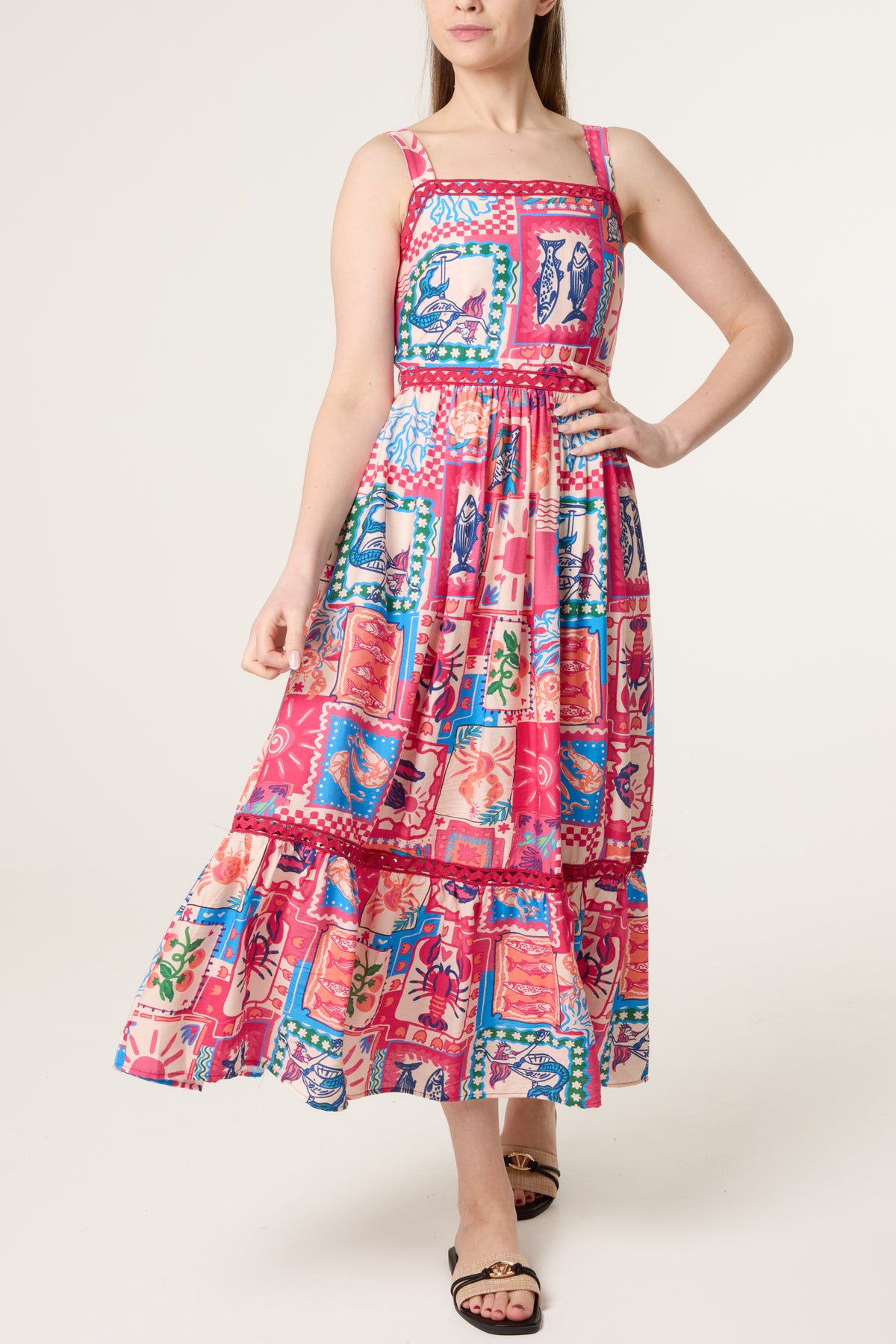 Colourful Patchwork Tiered Midi Dress