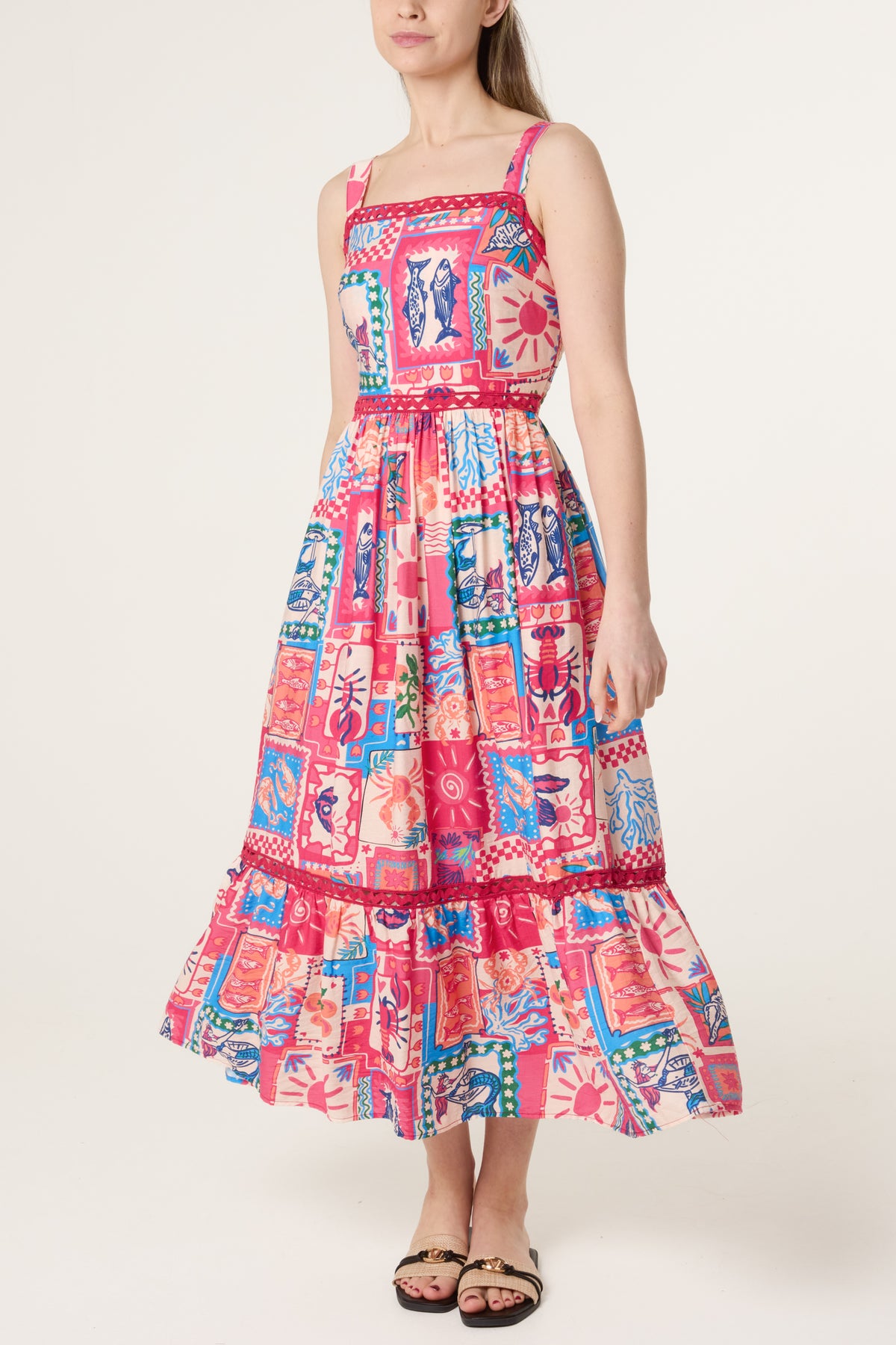 Colourful Patchwork Tiered Midi Dress