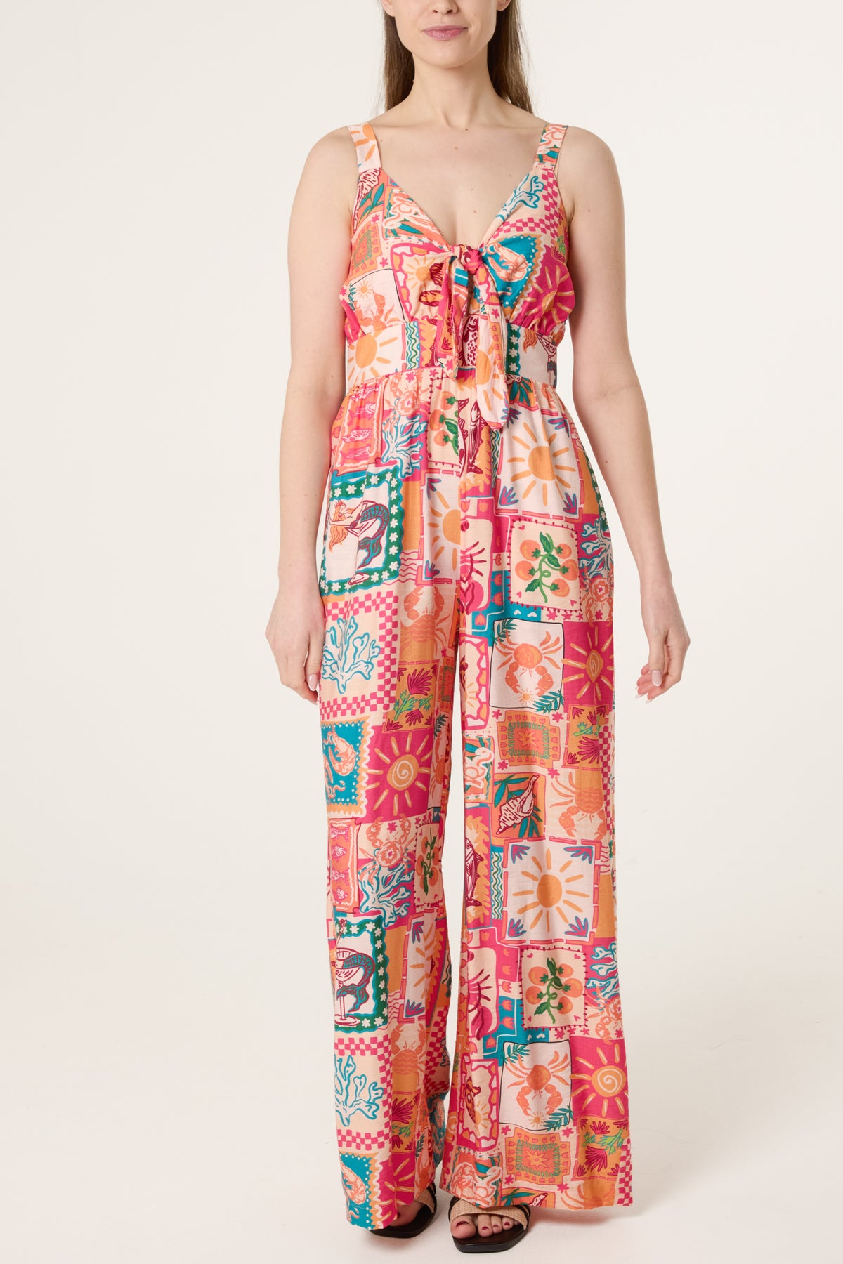 Colourful Patchwork Tie Front Jumpsuit
