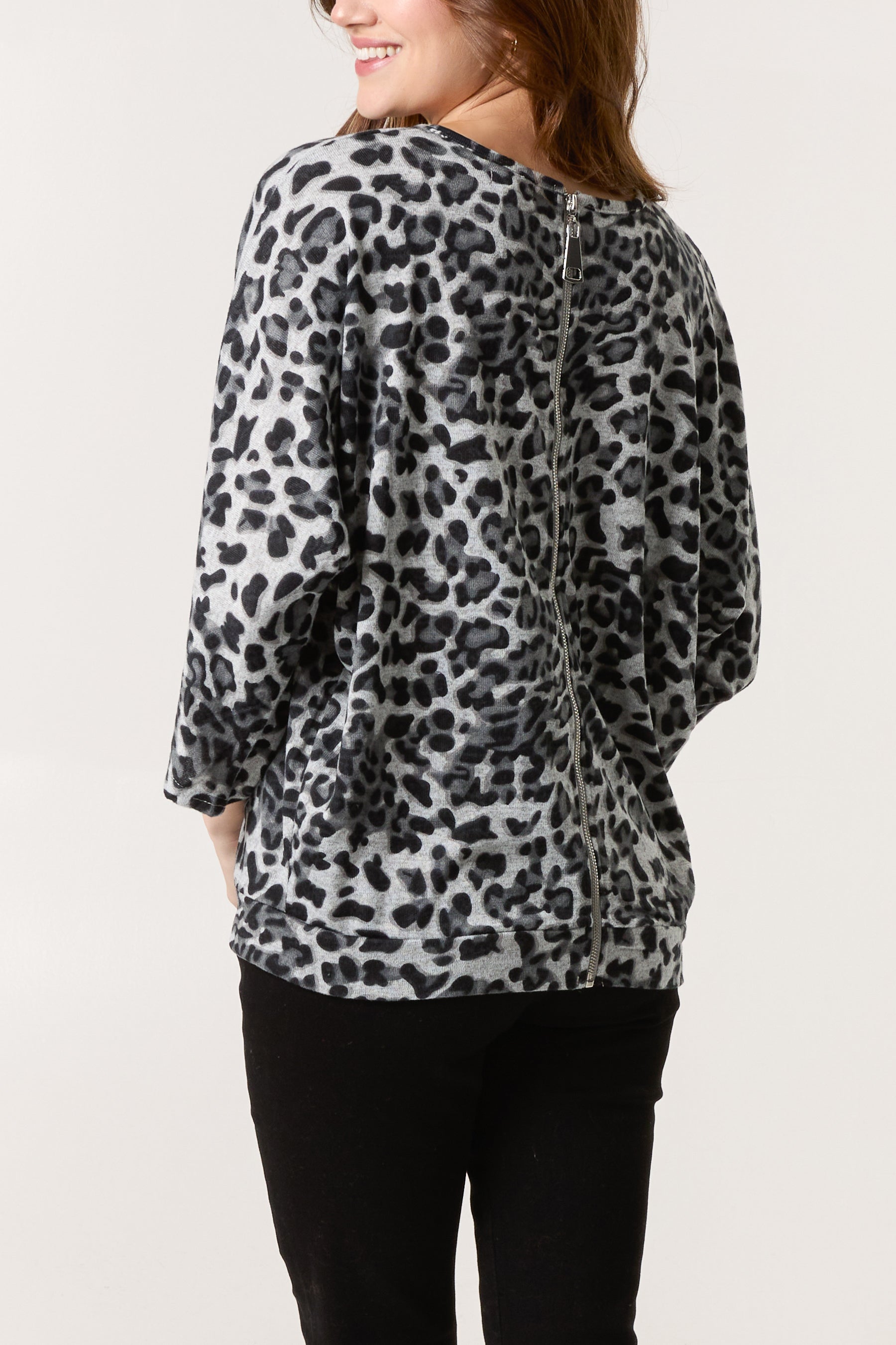 Zip Front Animal Print Batwing Top