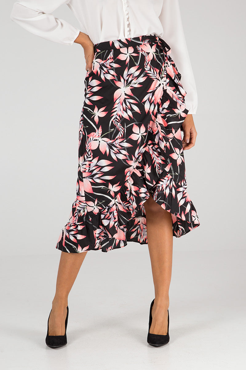 Leaf Print Frill Hem Wrap Skirt