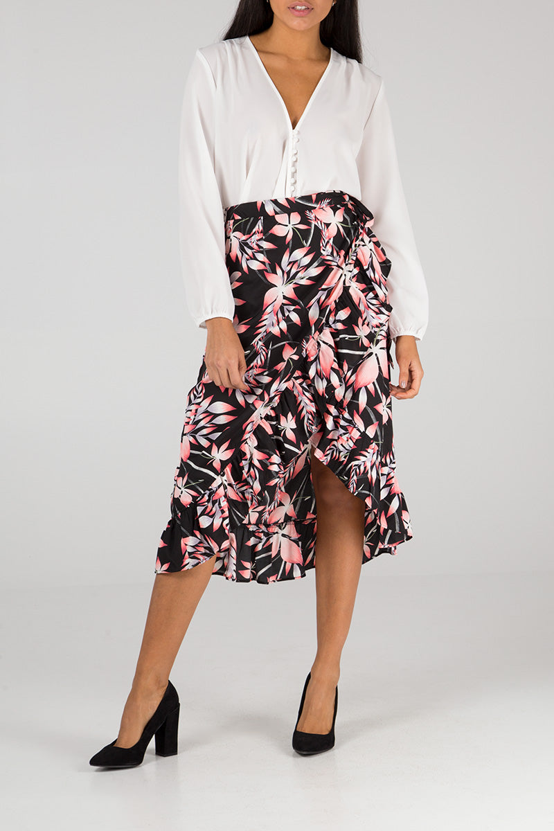 Leaf Print Frill Hem Wrap Skirt