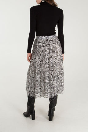 Animal Print Pleated Midi Skirt