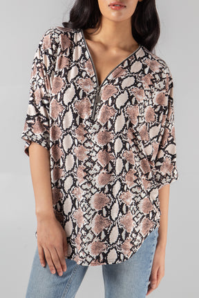 Snake Print Oversized Zip Front Top