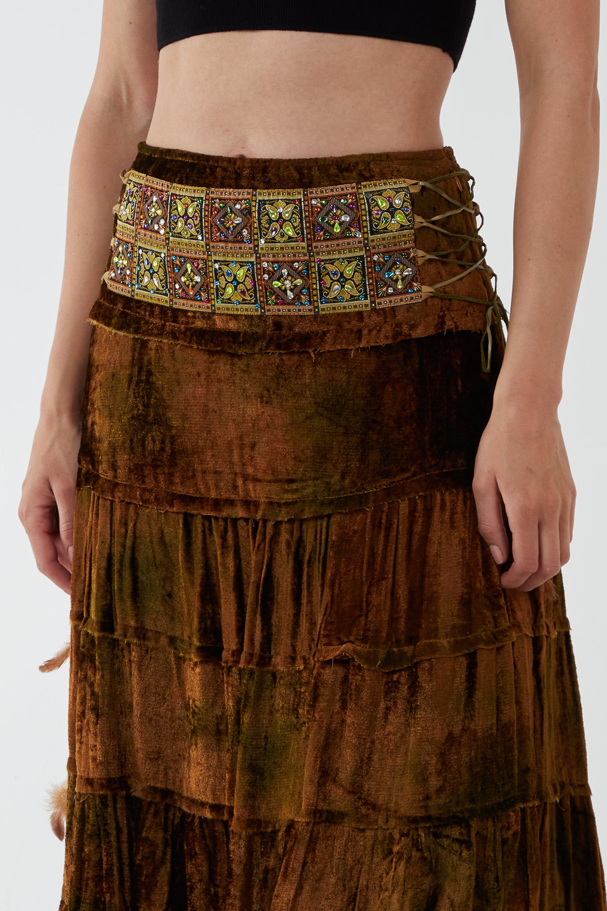 Velvet-Feel Tiered Bohemian Midi Skirt