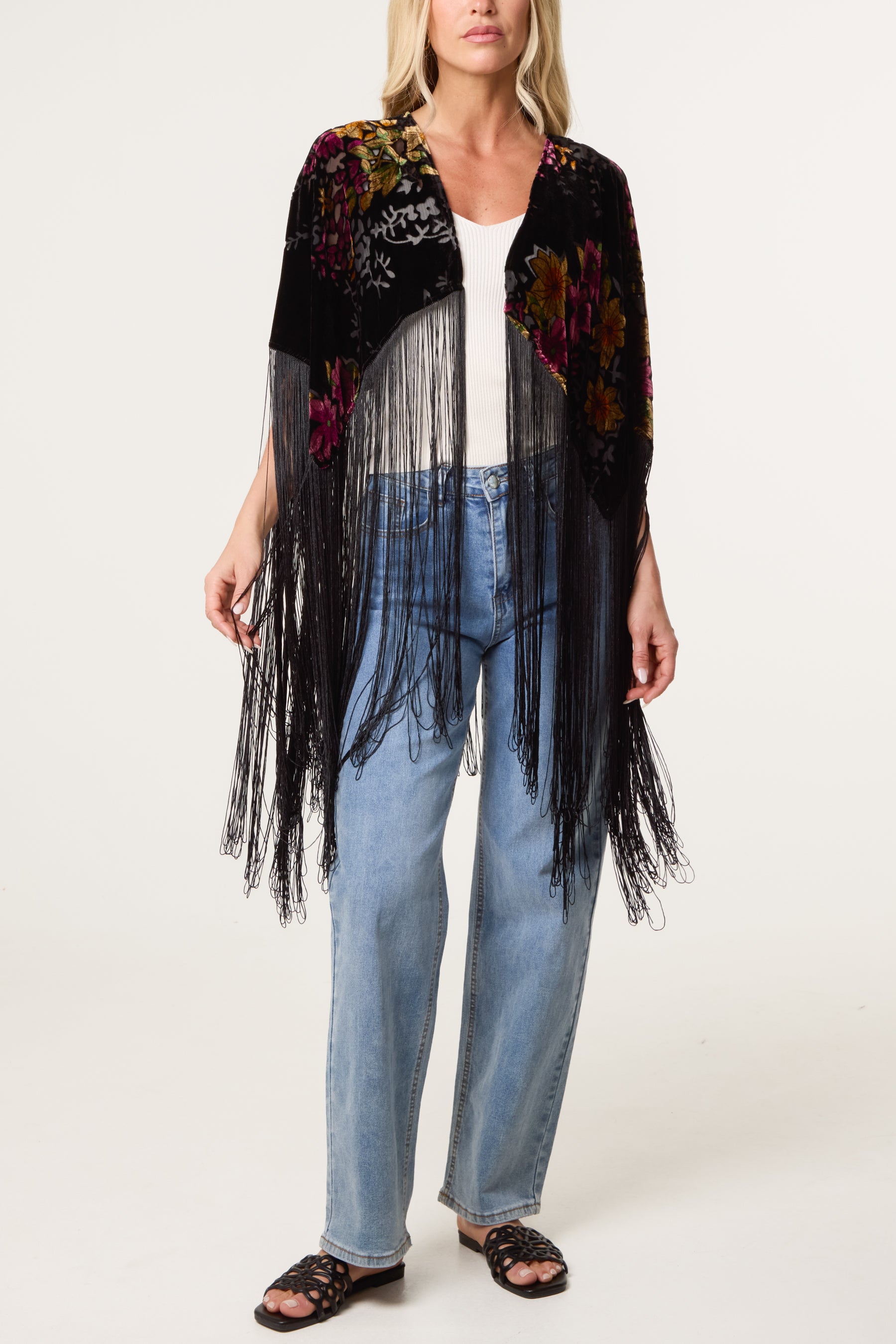 Velvet Burnout Long Fringe Boho Cape