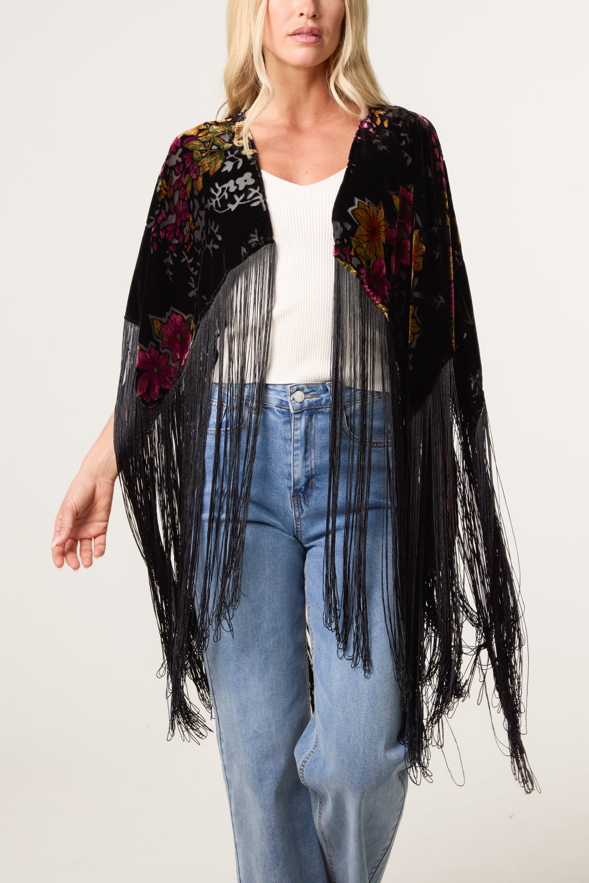 Velvet Burnout Long Fringe Boho Cape