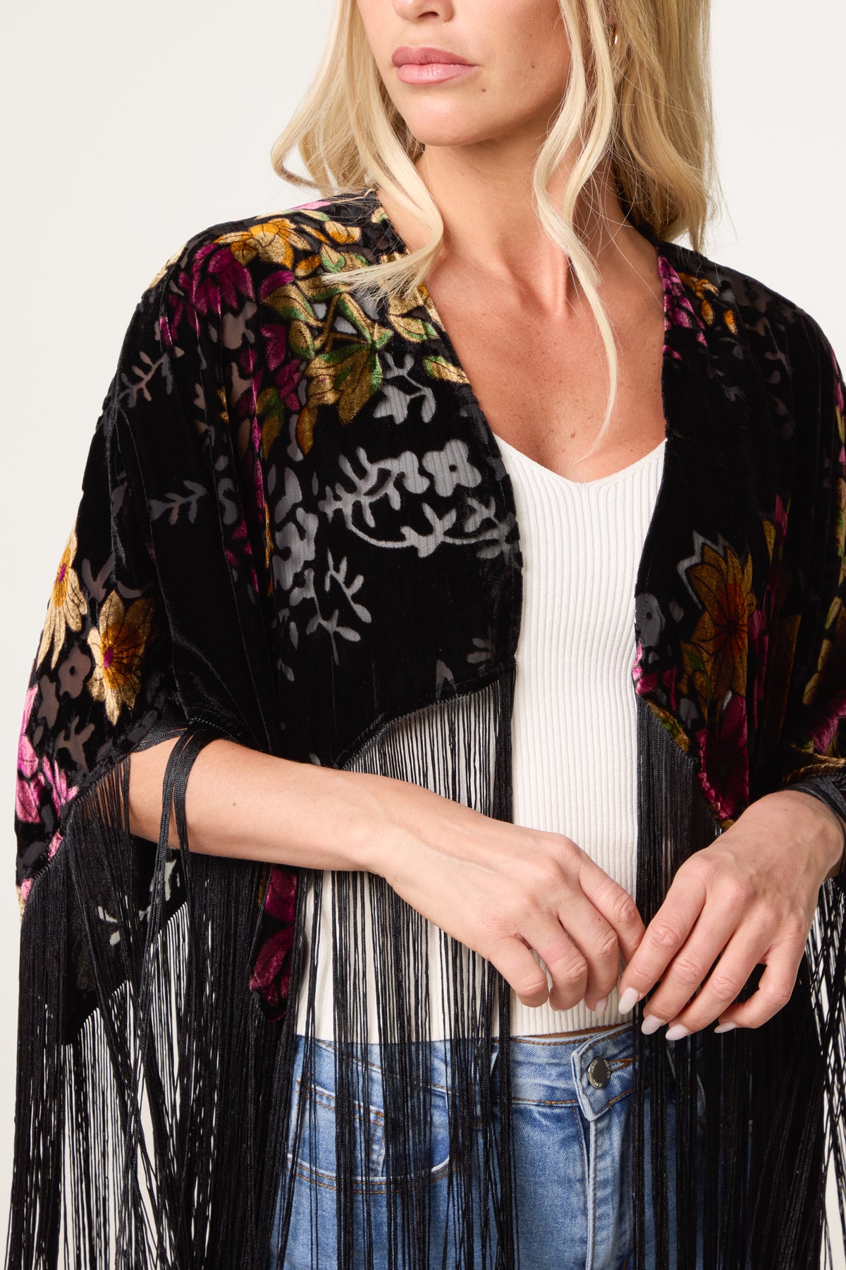 Velvet Burnout Long Fringe Boho Cape