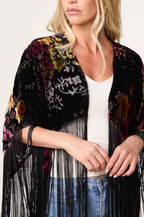 Velvet Burnout Long Fringe Boho Cape