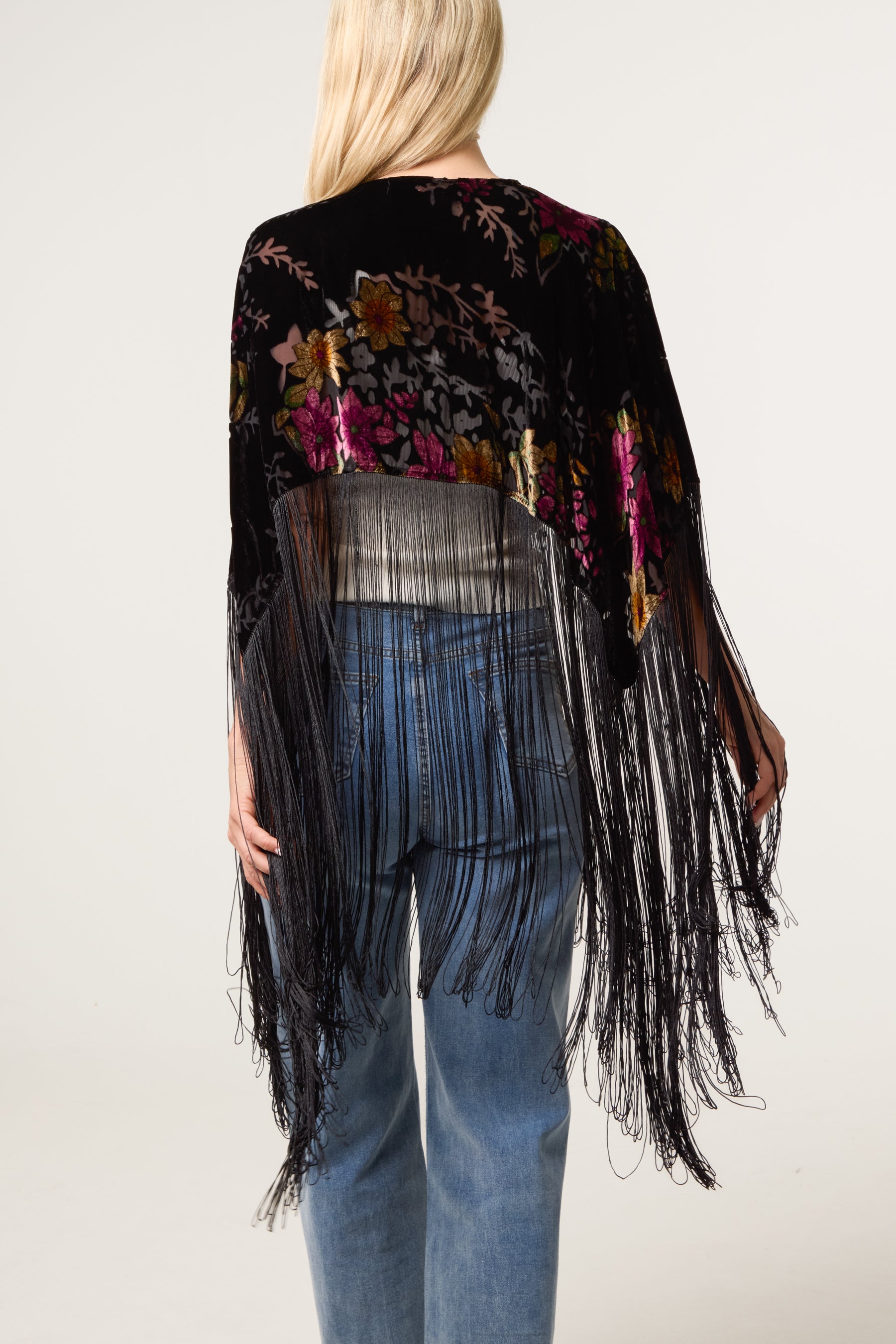 Velvet Burnout Long Fringe Boho Cape