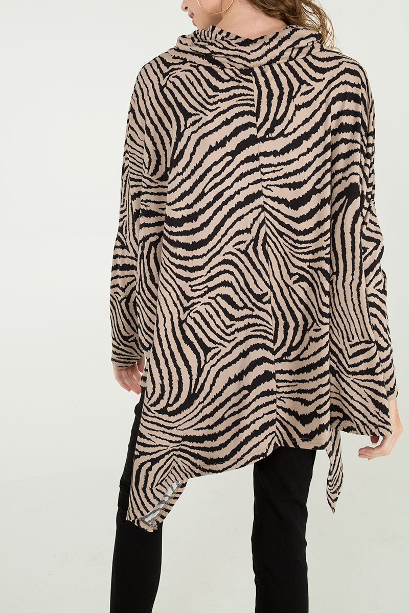 Zebra Oversized Asymmetric Cowl Neck Top